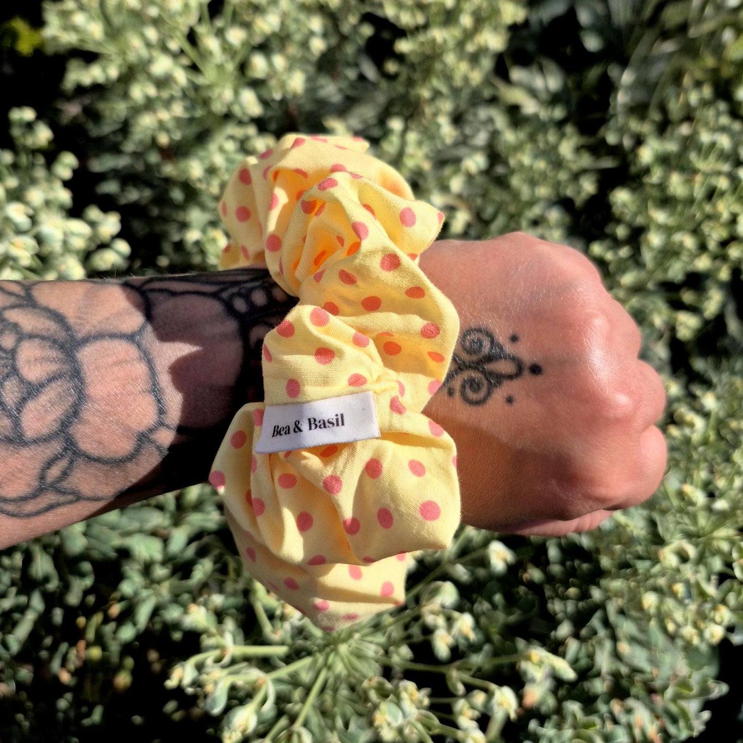 Large Scrunchies - Polka Dots Pink on Yellow