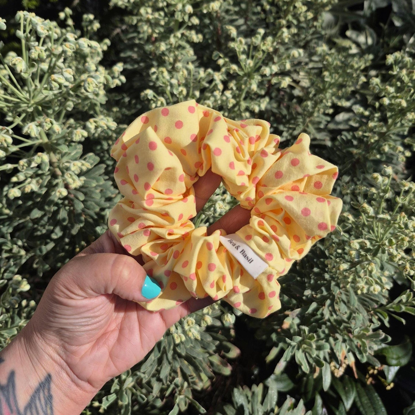 Large Scrunchies - Polka Dots Pink on Yellow