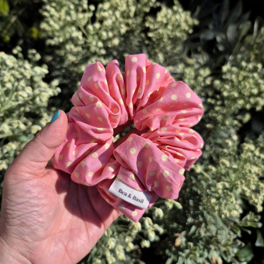 Large Scrunchies - Polka Dots Yellow On Pink